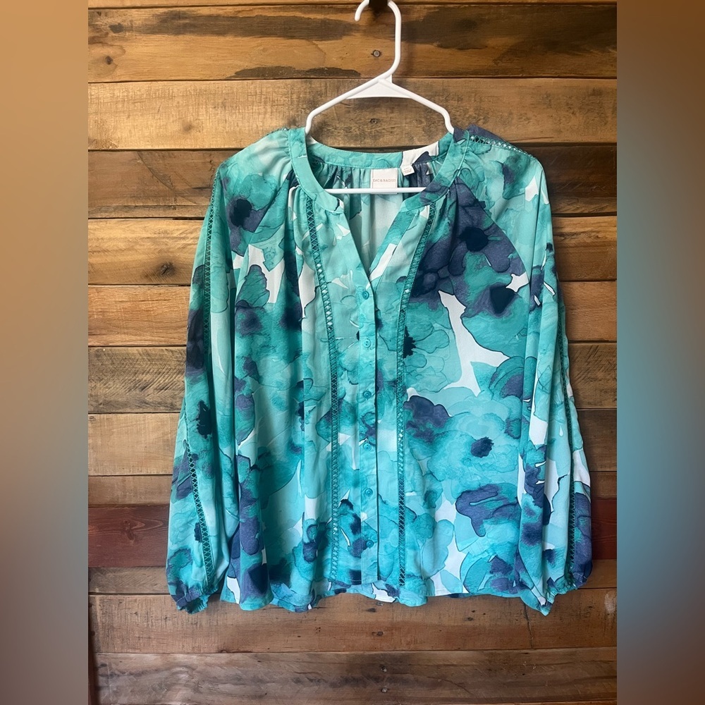 Zac & Rachel Aqua and Navy Floral Peasant Blouse